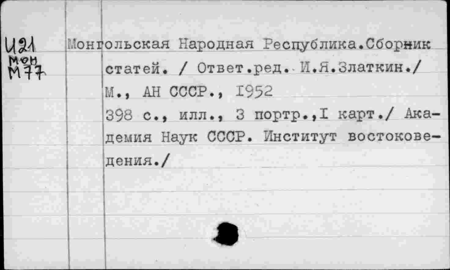 ﻿Монгольская Народная Республика.Сборник статей. / Ответ.ред.-И.Я.Златкин./ М., АН СССР., 1952
398 с., илл., 3 портр.,1 карт./ Ака демия Наук СССР. Институт востокове дения./